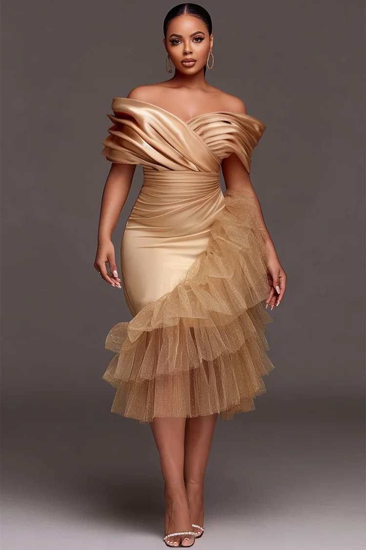 Xpluswear Design Plus Size Wedding Guest Tulle Champagne Off The Shoulder Ruffle Elegant Contrast Satin Midi Dresses [Pre-Order]