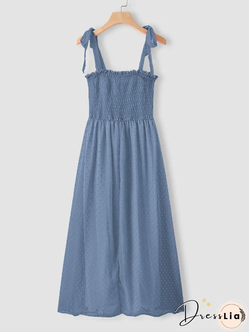 Solid Smocked Tie Strap Slit Open Back Chiffon Maxi Dress