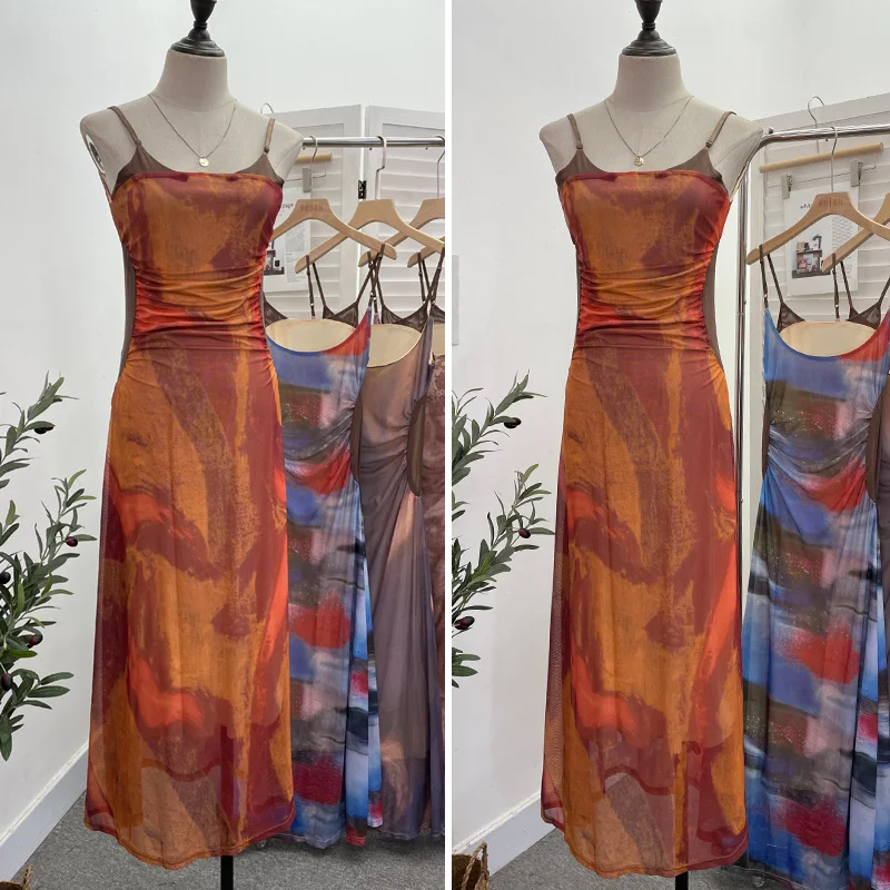 Uveng Sexy Tie-Dye Print Dress Waist Folded Folded Black Back Mesh Slings Long Skirt 888825