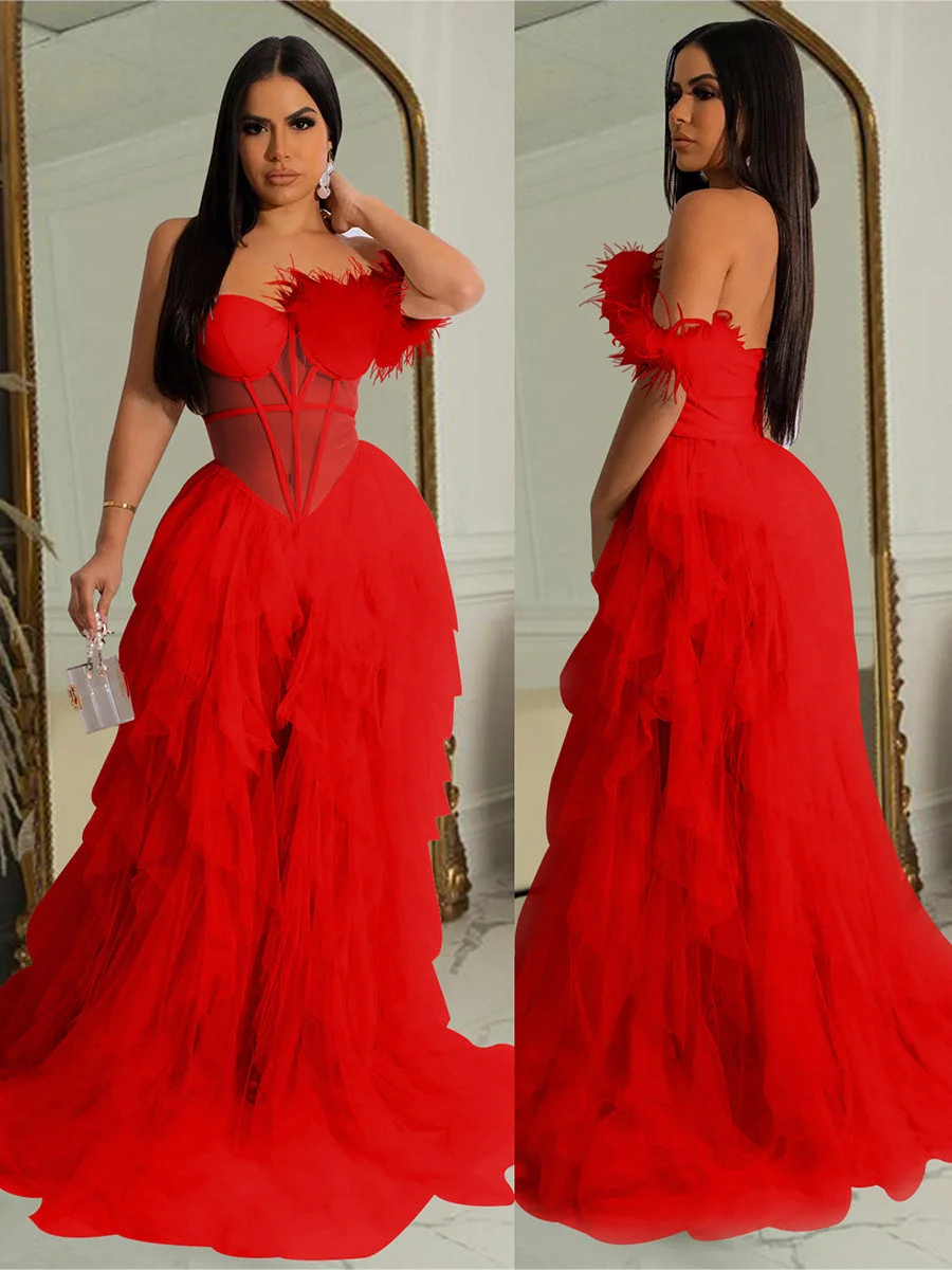 ABEBEY-Graduation Gift Back to School Season Summer Dress Spring Outfit Layered Tulle Dress One Shoulder Corset Feather Trim Backless Sexy Maxi Dresses