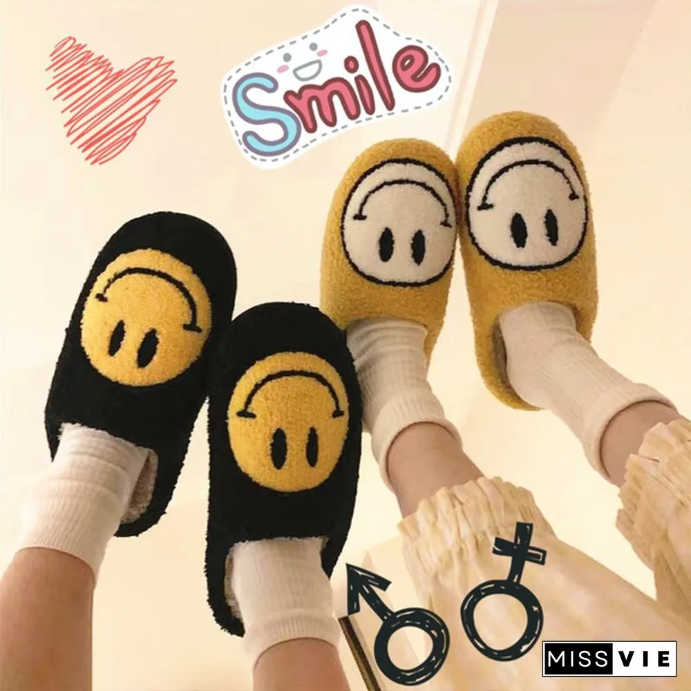 Winter House Girls Fur Slippers Cute Smiley Pattern Women Fluffy Warm Bedroom Ladies