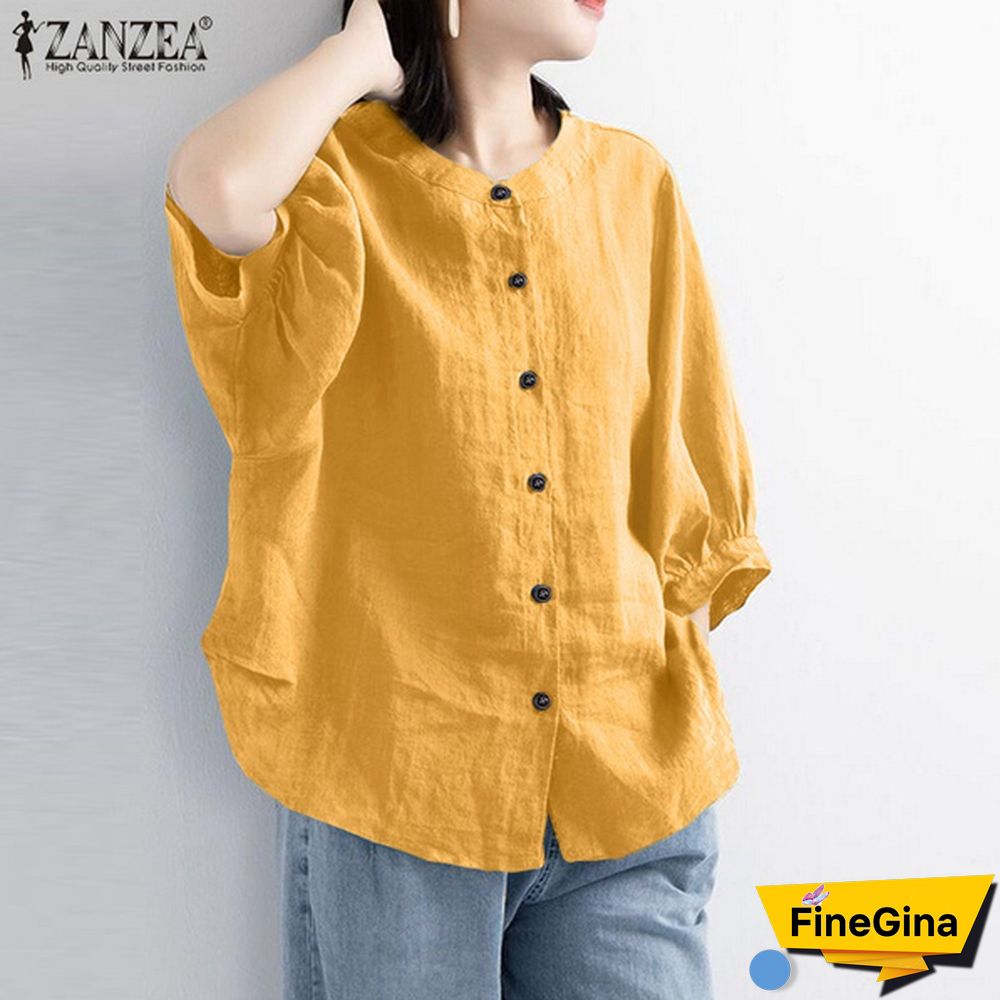 ZANZEA Cotton Tops Spring Autumn Shirt 3/4 Sleeve Single Breasted Button Shirt Blouse Vintage Clothes