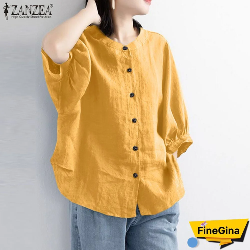 ZANZEA Cotton Tops Spring Autumn Shirt 3/4 Sleeve Single Breasted Button Shirt Blouse Vintage Clothes