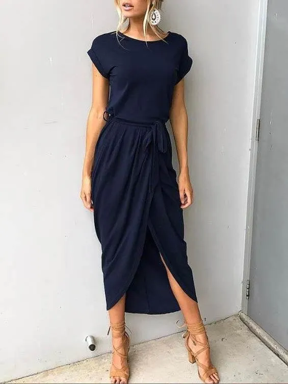 Solid Color Round Neck Split Hem Dress