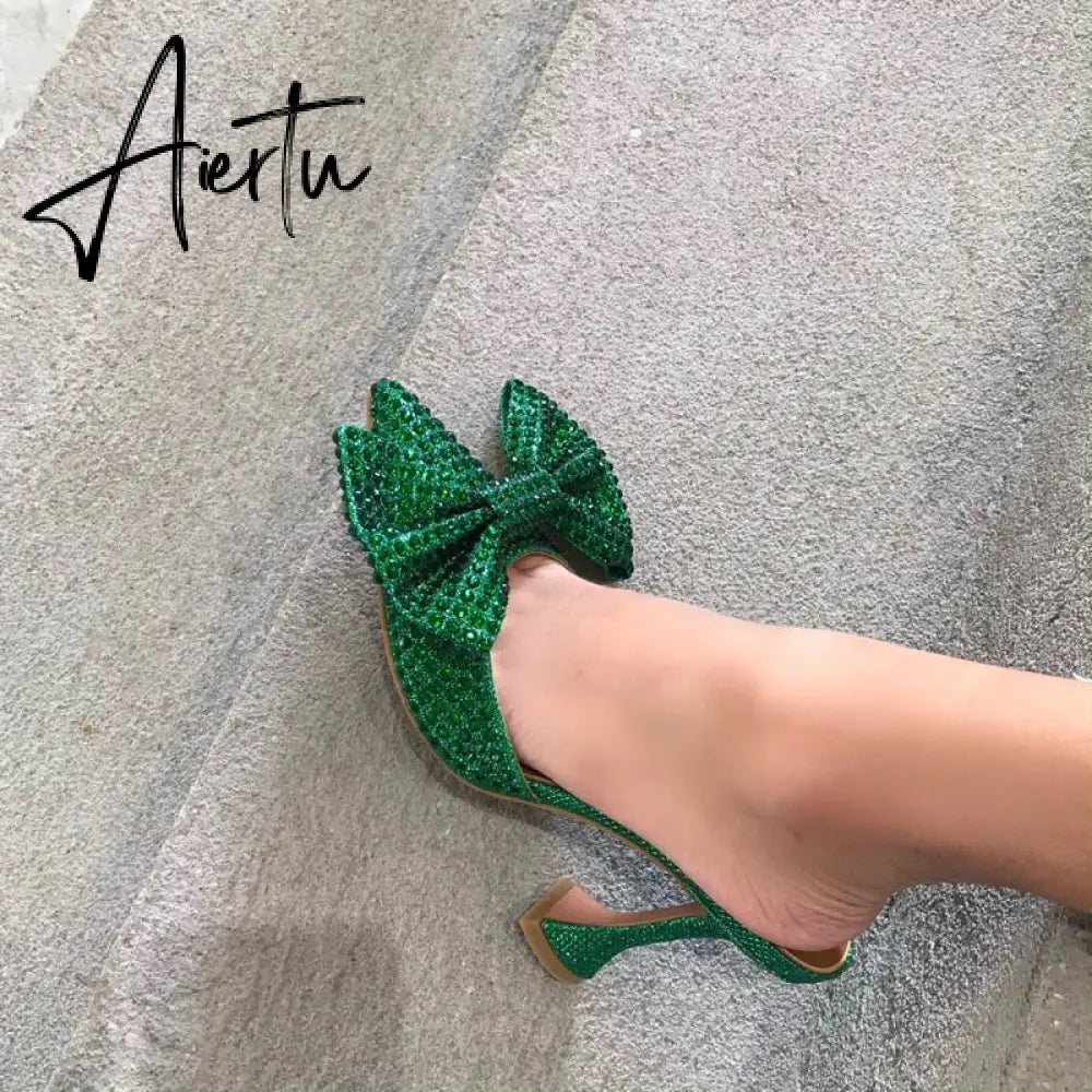 Aiertu  Super Flash Bow Rhinestone Shiny Wine Glass with High Heel Women's Slippers Aiertu