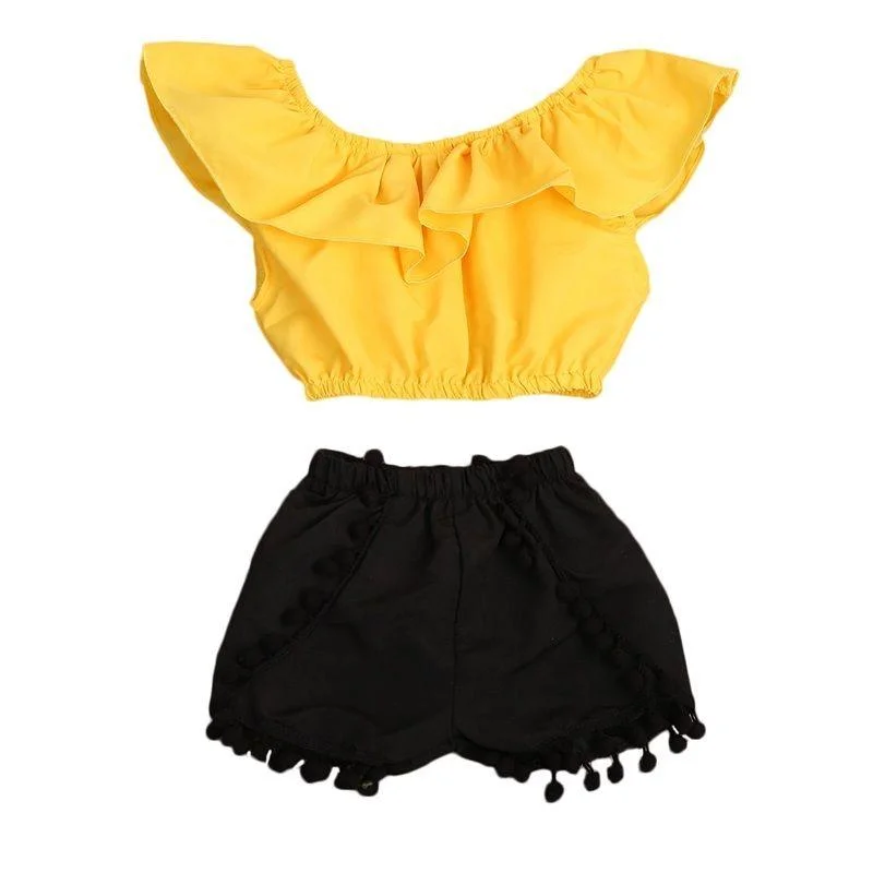 New 2PCS Toddler Infant Child Kids Baby Girl Summer Off Shoulder Top Tank Short Pants Outfit Clothes Set 2-7T