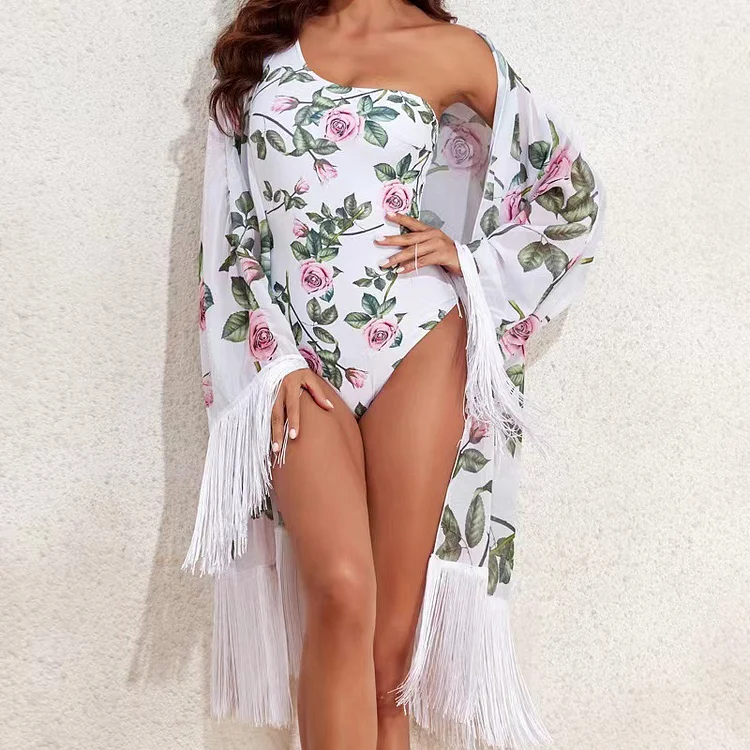 One Shoulder Flowers Print One Piece  Swimsuit and Cover Up