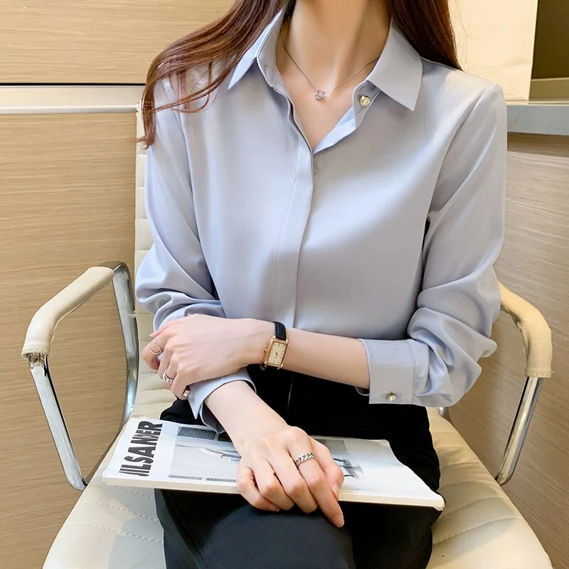 Office Lady Solid Silk Shirt Blouse Tops Long Sleeve Shirts Blouses for Women Silk Shirts Women Satin Clothing Plus Size 17276
