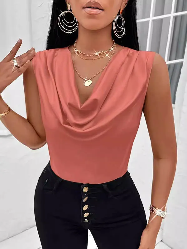 Loose Sleeveless Pleated Solid Color V-Neck Vest Top