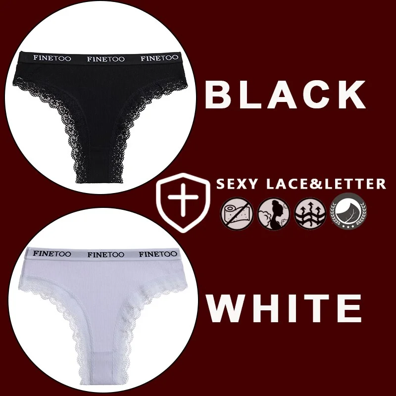FINETOO 2PCS/Set Women's Cotton Panties Girls Letter Thongs Brazilian Pantys Sexy Lace Underwear For Woman Lingerie Bikini Panty