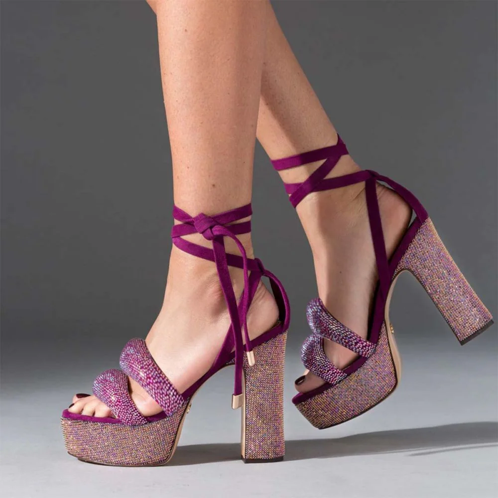Purple Glitter Platform Sandals Lace-up Strappy Block Heels Nicepairs