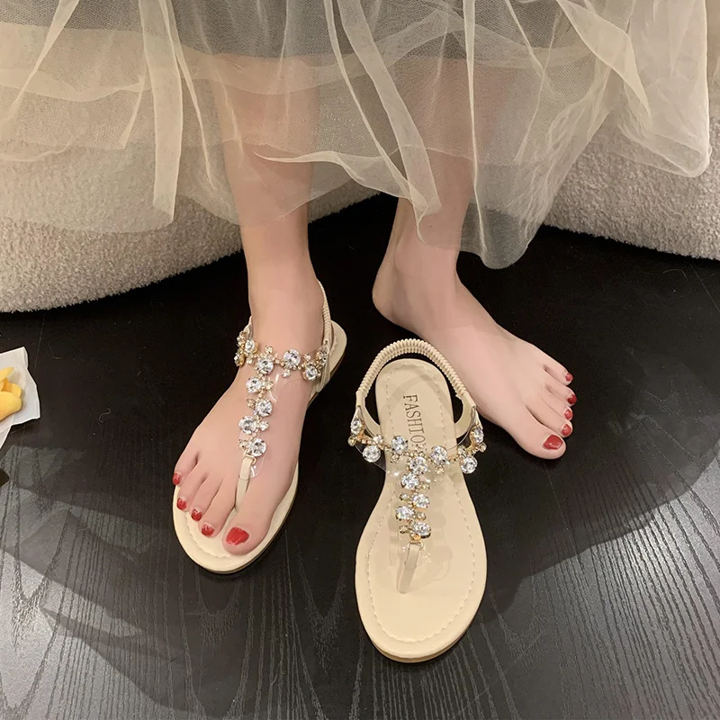 Yyvonne | Flat-Soled Sandals Women 2025 Summer New Korean Set Feet Drilling Big Size Beach Clip Sandals