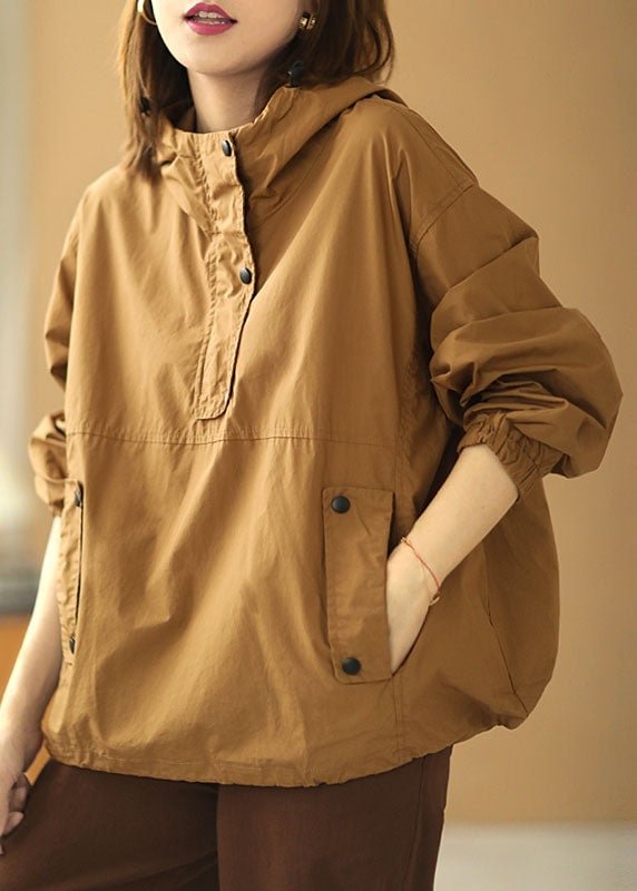 Elegant Khaki Hooded Button Pockets Fall Shirt Long Sleeve CK1415- Fabulory