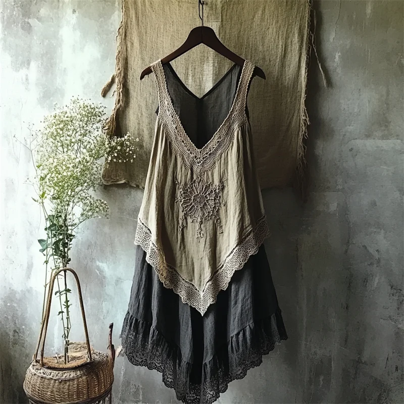 Vintage Boho Flower Lace Hem Linen Tank Dress