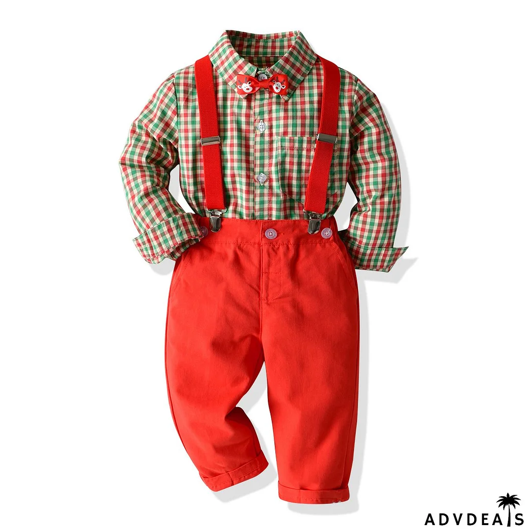 Boys plaid shirt bow tie overalls two piece set