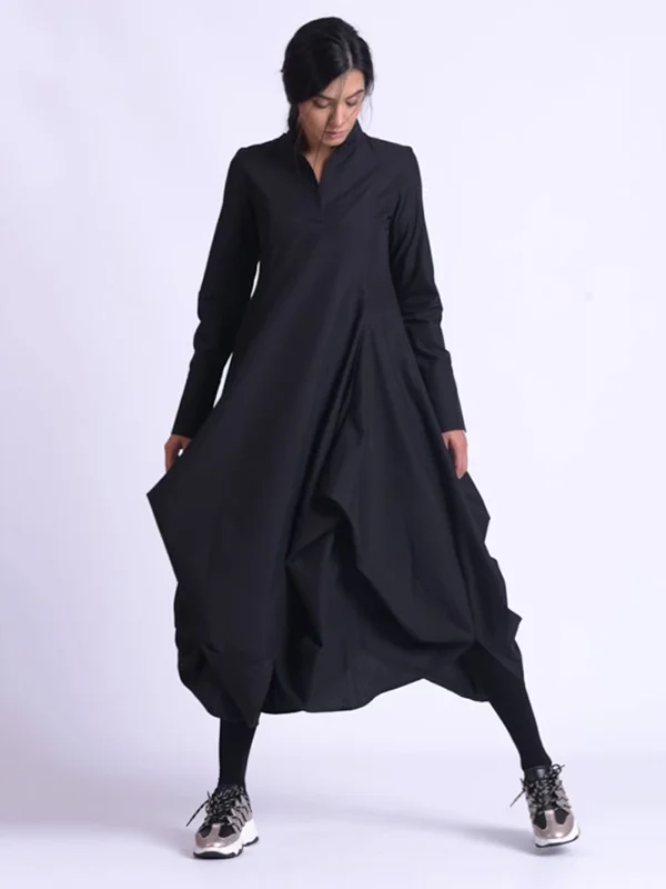Original Loose Solid Color Pleated Stand Collar Long Sleeves Midi Dress
