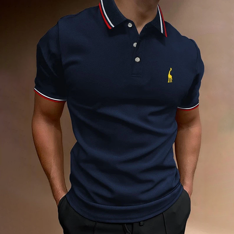 BrosWear Stand Collar Deer Print Short Sleeved Polo Shirt