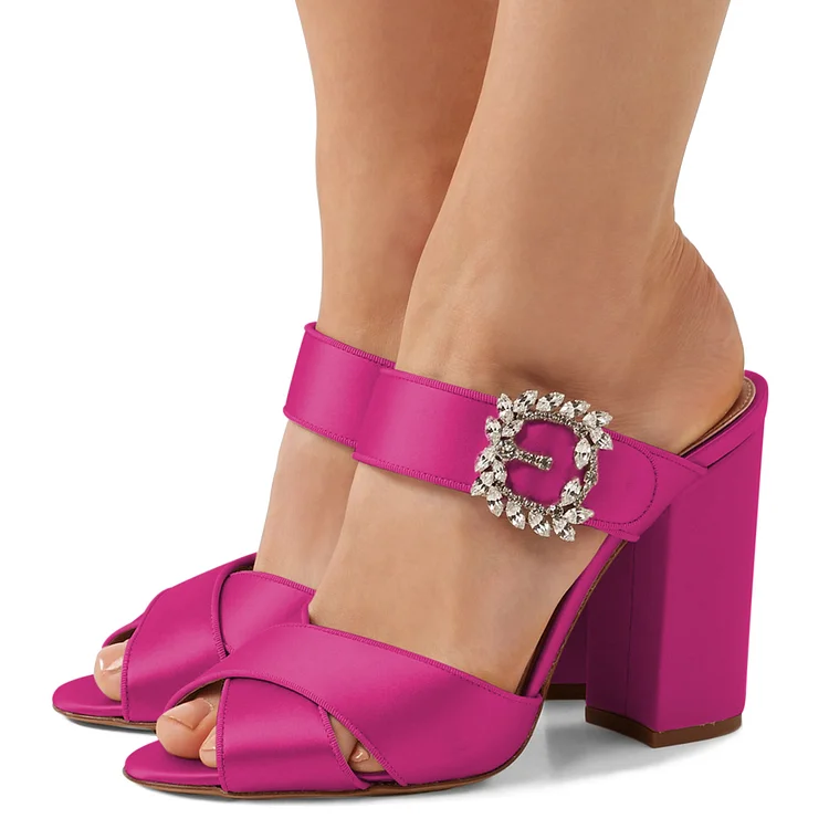 Hot Pink Satin Rhinestone Buckle Chunky Heel Mules Sandals |FSJ Shoes