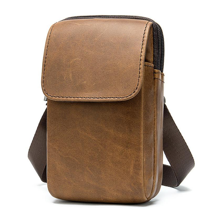 Men's Casual Cowhide Leather Double Zippers Crossbody Packs Waist Bag