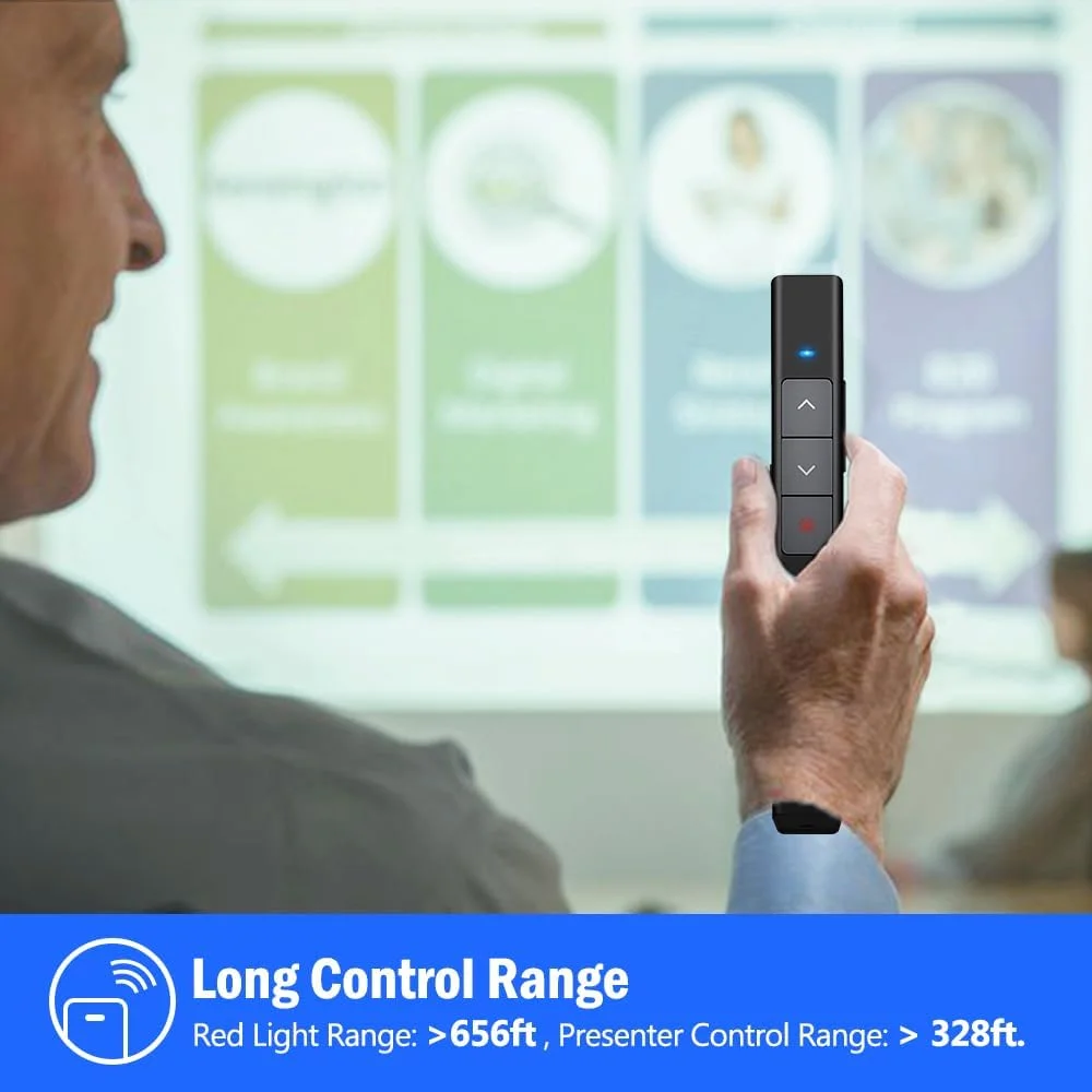 DinoFire Rechargeable Presentation Clicker, 100FT Long Range USB Wireless Presenter Remote Pointer for Presentations, Slide Advancer for Mac, Laptop, Computer (UPC/EAN:701473807898)