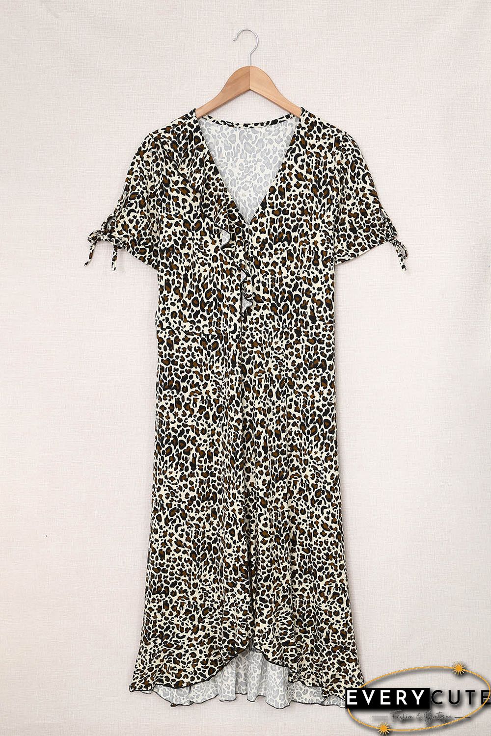 Leopard Print Ruffled Lace-up Plus Size Midi Dress