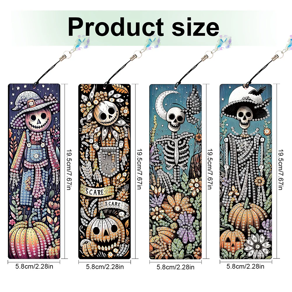 4Pcs Halloween Pumpkin Skull Themed DIY Diamond Painting Bookmark for Book Lover