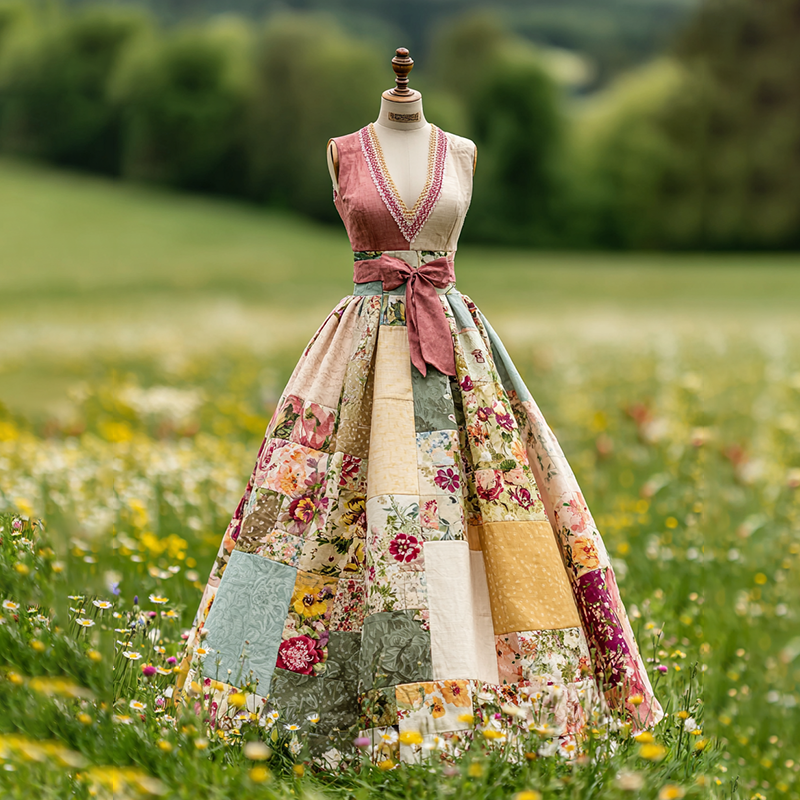 Women's Vintage Floral Patch V Neck Comfy Maxi Dress