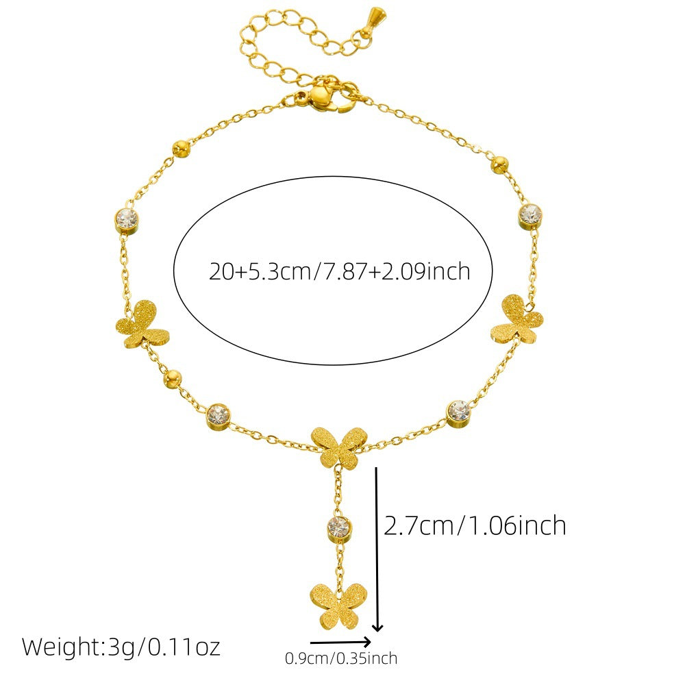 Fashionable And Simple Style Hanging Tassel Stainless Steel Diamond Heart Butterfly Flower Accessories Gold-Plated Anklet