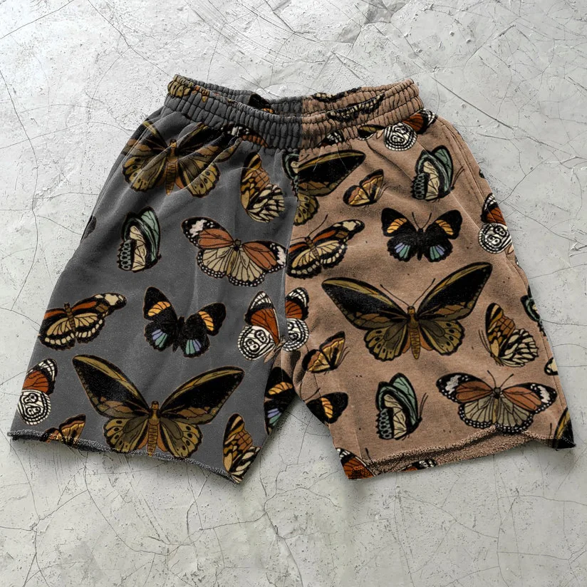 Contrast stitching butterfly print retro casual shorts