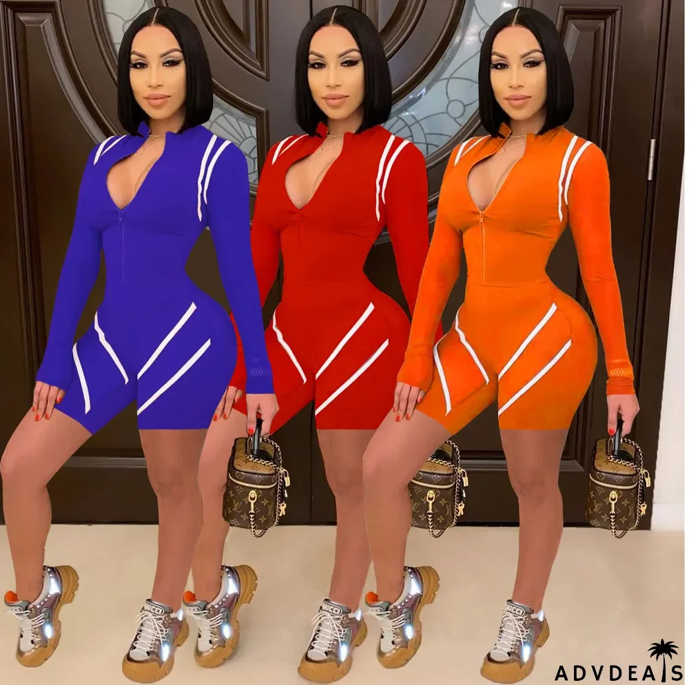 Fashion Long Sleeve Skinny Zip Jumpsuit