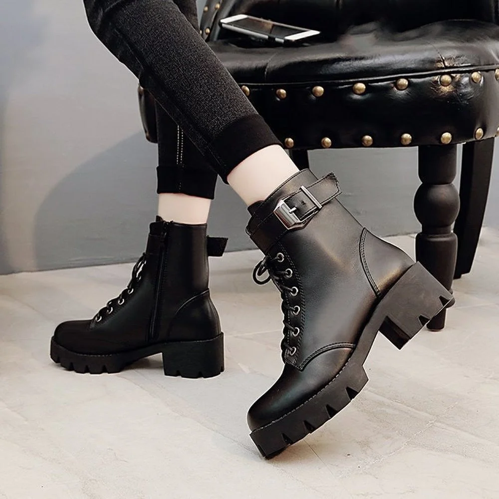 Fashion Leather Boots Woman shoes Winter Warm Lace-up Ankle Boots For Woman High Quality Waterproof Platform Boots 2021
