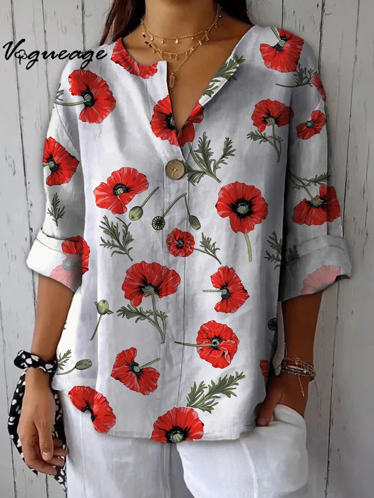 Simple Gentle And Elegant Flowers Printed Cotton And Linen Shirt