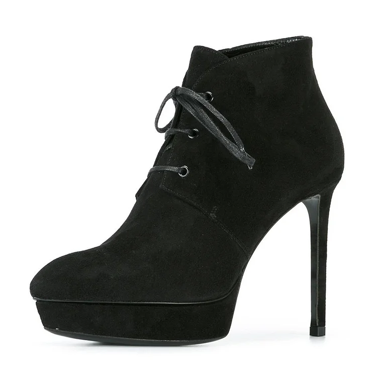 Black Lace Up Boots Stiletto Heel Ankle Boots with Platform |FSJ Shoes