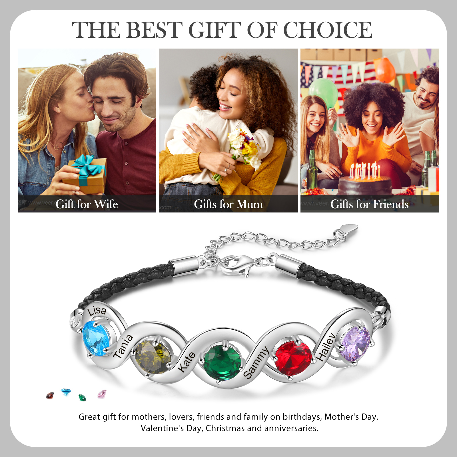 Braccialetto infinito personalizzato con 5 nomi e 5 pietre di nascita regalo per donna