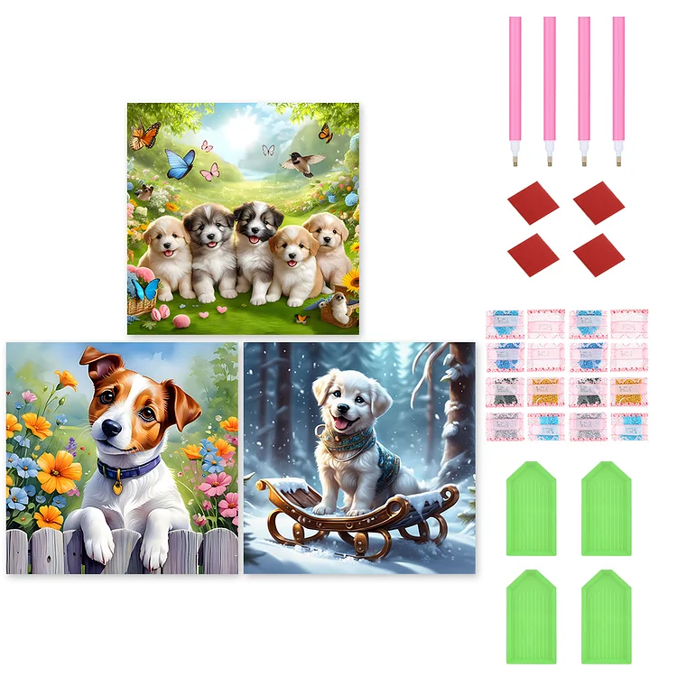 3pcs Dog- Full Round Drill Diamond Painting - 30*30CM(Canvas)