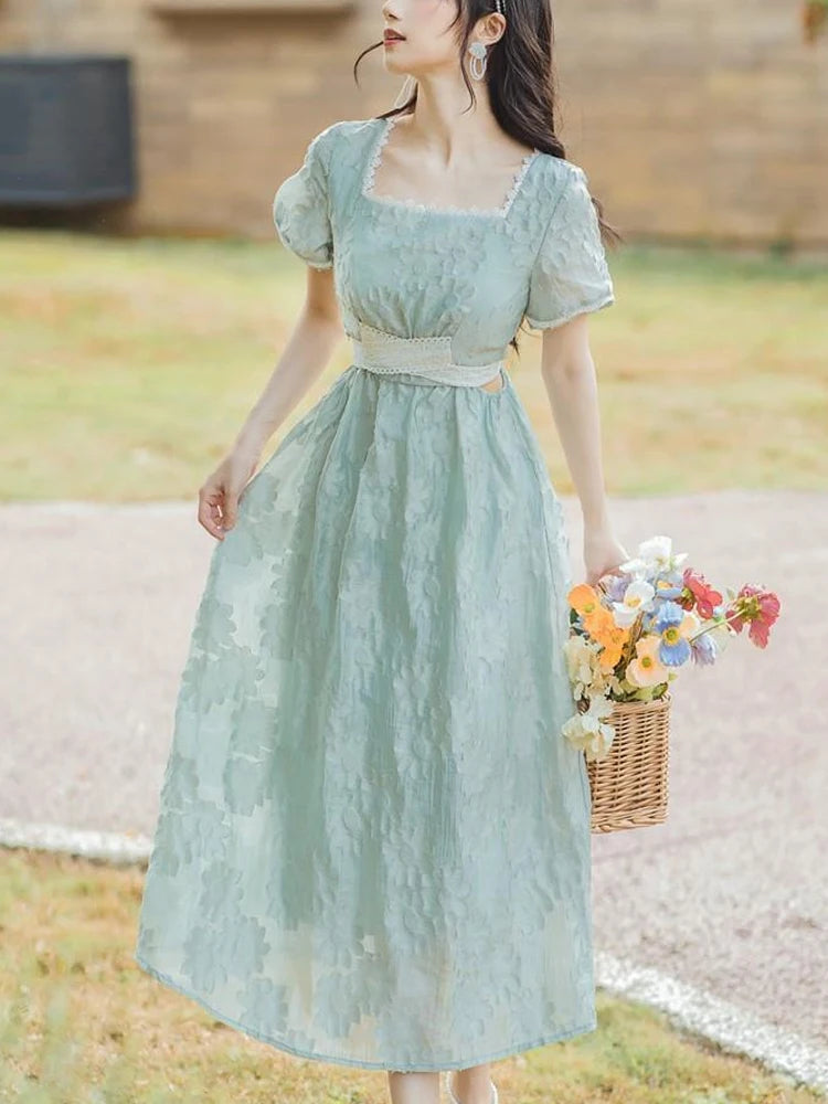 Aiertu Vintage Elegant Sweet Long Dress Women Hollow Out Designer Korean Style Slim Dress Female 2024 Summer Lace-up Casual Party Dress Aiertu