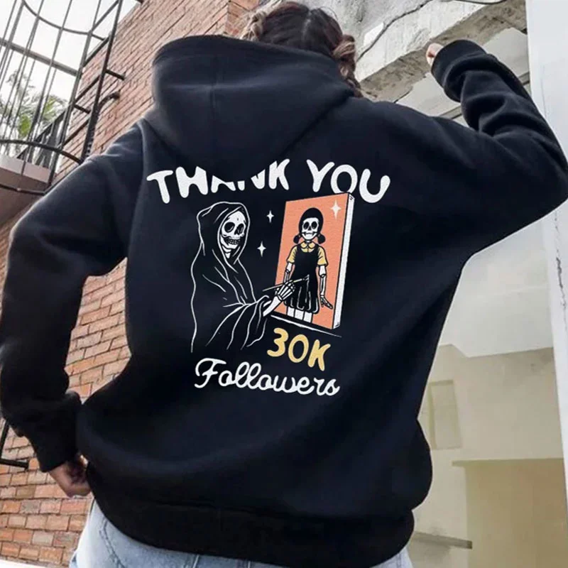 THANK YOU Skull in Cloak Painting Graphic  Black Print Hoodie