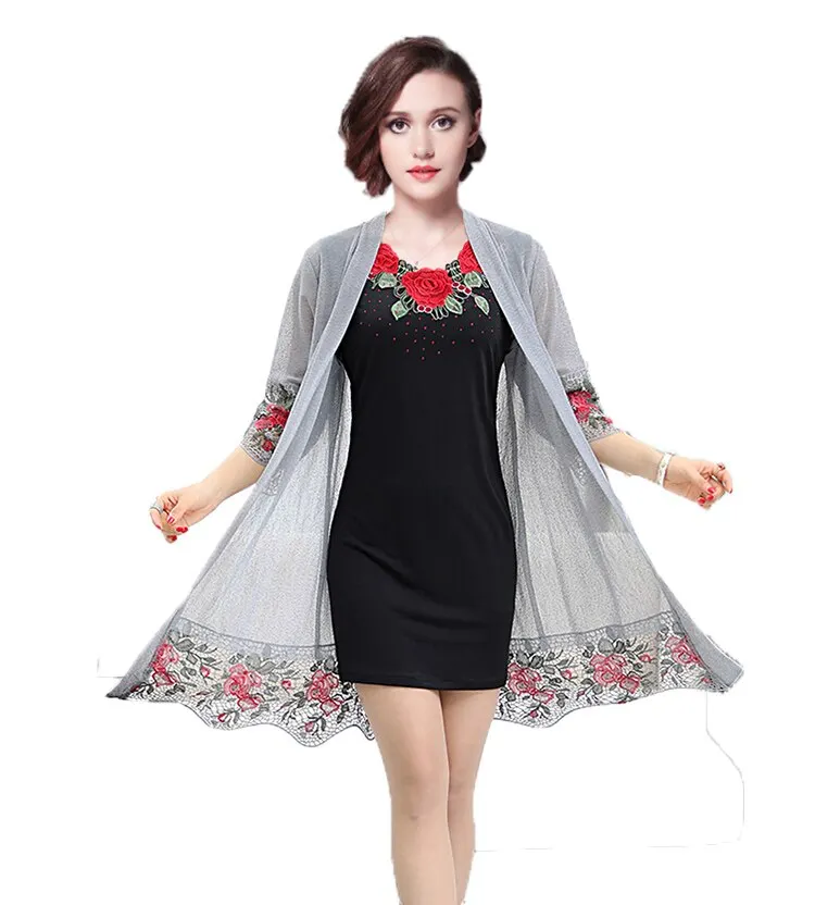 Set 2 Pieces Women Dress 2019 Summer Floral Embroidery Lady Dress Tunics Vestidos Robe Femme Red Black Gray XL~3XL 4XL Plus Size