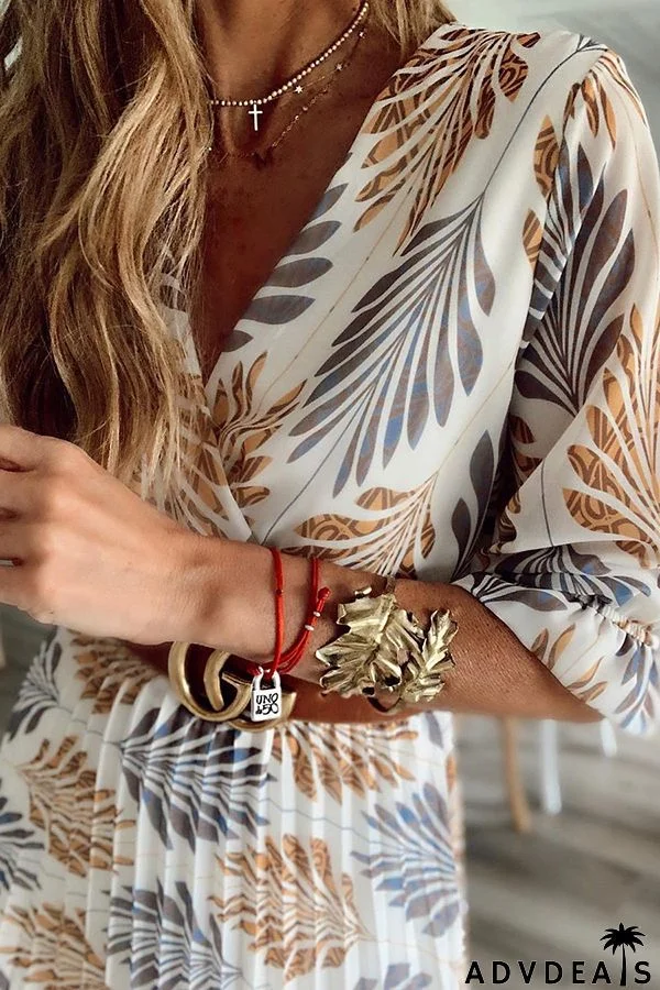 Botanical Print Pleated Long Sleeved Maxi Dress