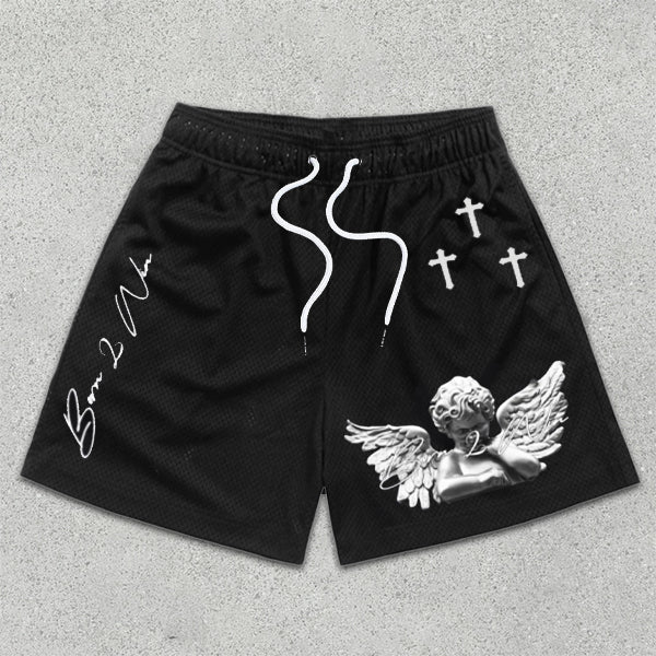 Sopula Angel Cross Print Mesh Shorts - Sopula ｜Premium Graphic Tees & Graphic Streetwear