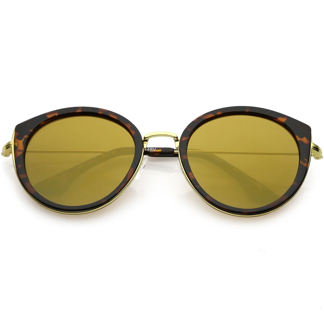 Modern Cat Eye glasses Metal Trim Round Colored Mirror Flat Lens 53mm