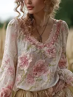 Bohemian Retro Countryside Style Plant Flower Design Cotton And Linen Women's Long-sleeve Shirt