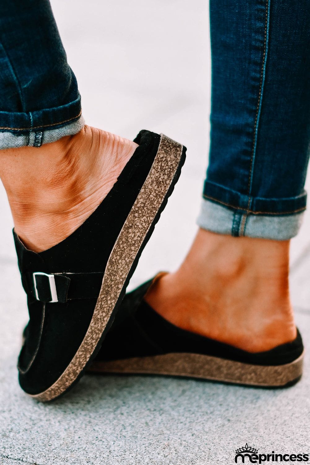 Faux Suede Buckle Detail Flat Mule Slippers