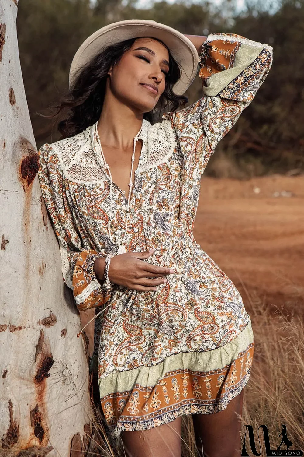 MidiSono - Multicolor Lace Splicing Split Neck Paisley Ruffle Mini Dress