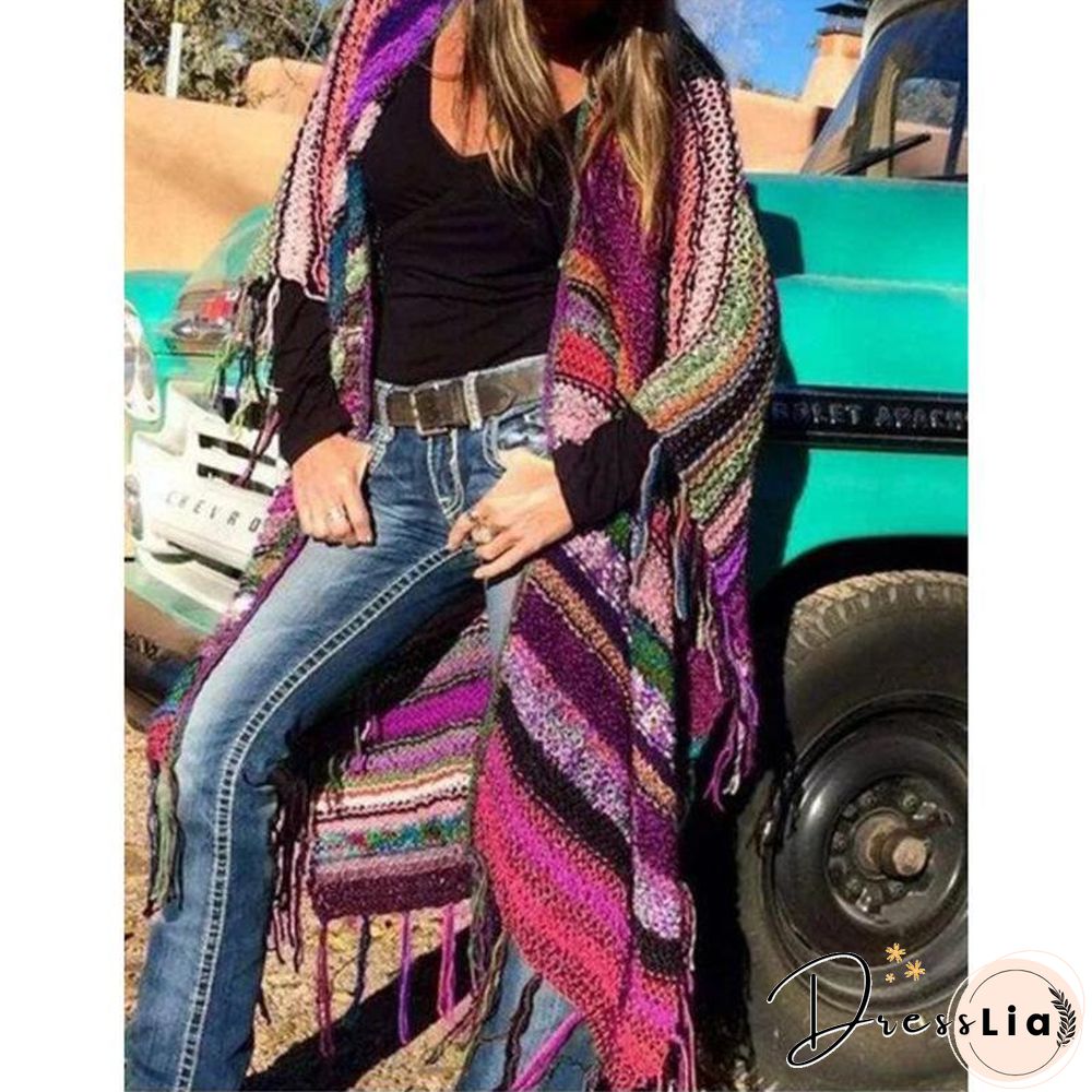 Color-Block Long Sleeve Tassel Knitted Outerwear
