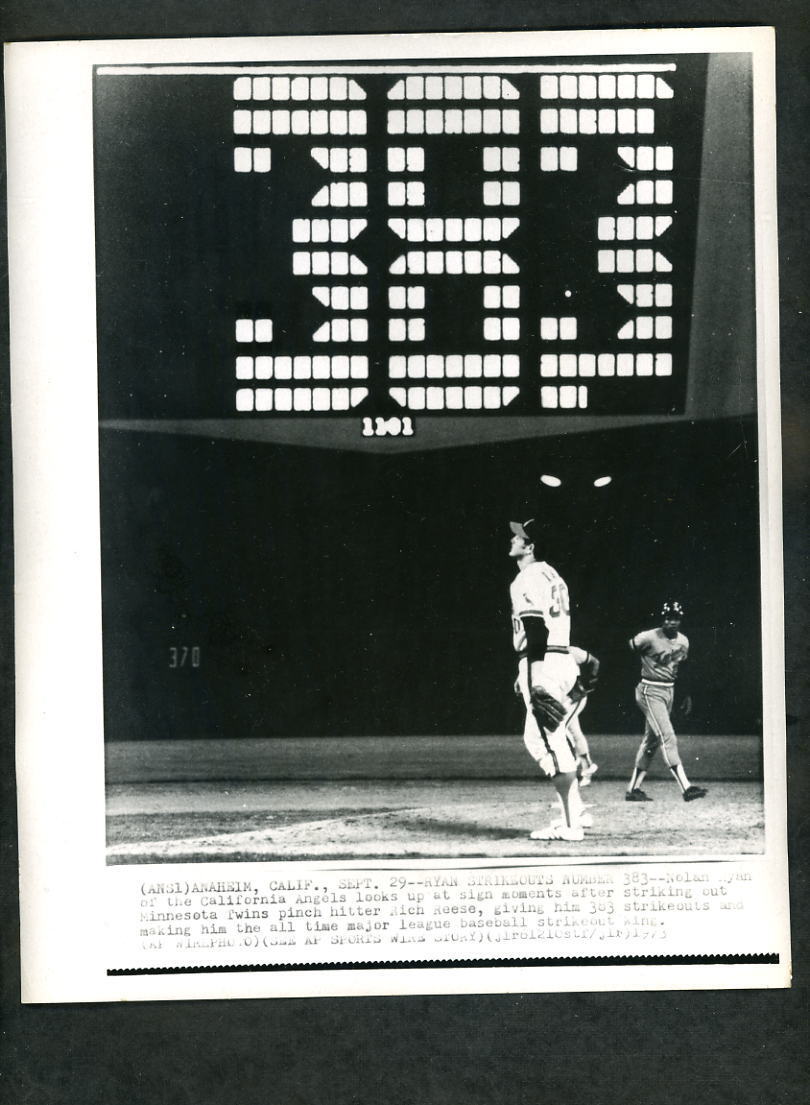 Nolan Ryan 383 K's new strikeout record 1973 Press Photo Poster painting California Angels