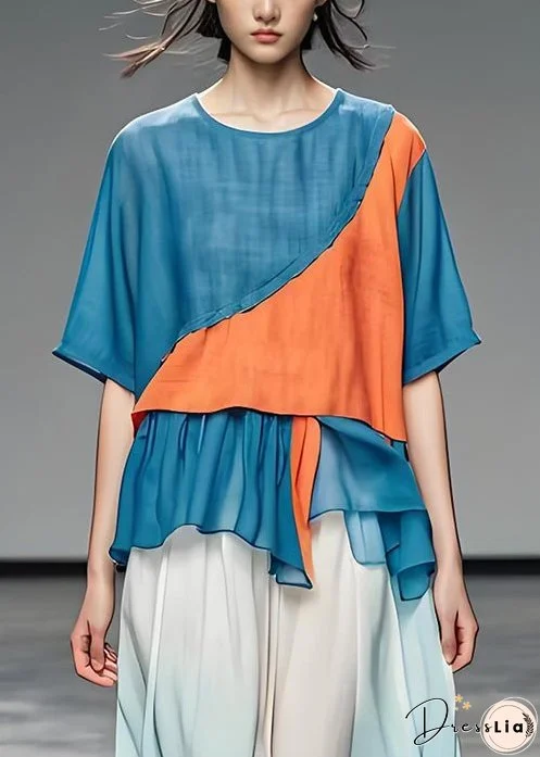 Loose Blue O Neck Asymmetrical Patchwork Cotton Top Summer
