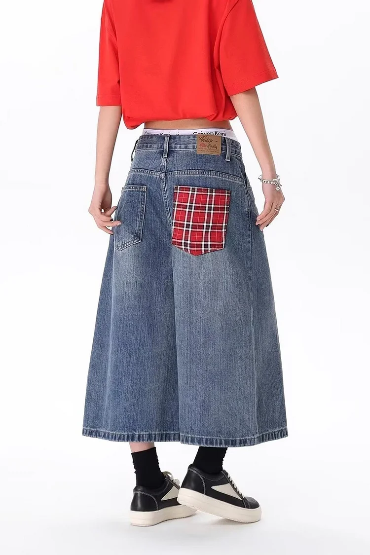 Men's Wide Leg Denim Shorts with Retro Blue Patchwork Design