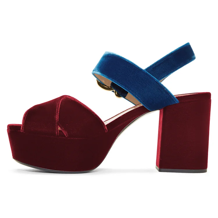 Blue and Maroon Block Heel Sandals Open Toe Platform Sandals |FSJ Shoes