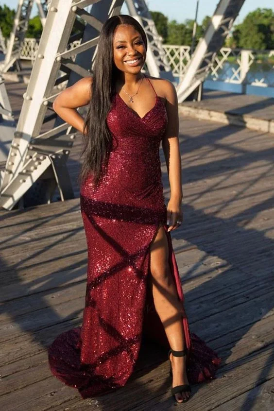 Gorgeous Spaghetti-Straps Sequins Prom Dress Mermaid Burgundy Party Gowns WIth Slit - lulusllly